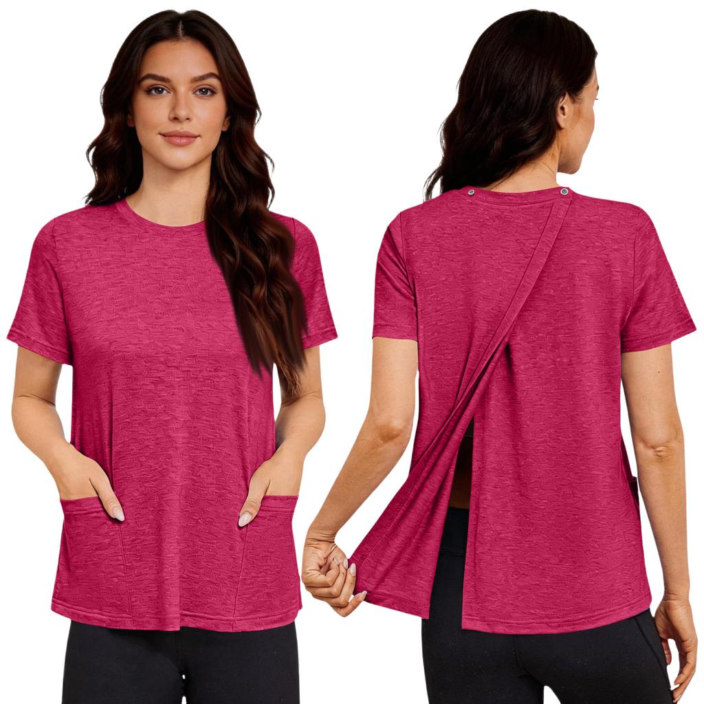 Chemise de couleur à manches courtes post-opératoire pour femme avec fermeture au dos et poche