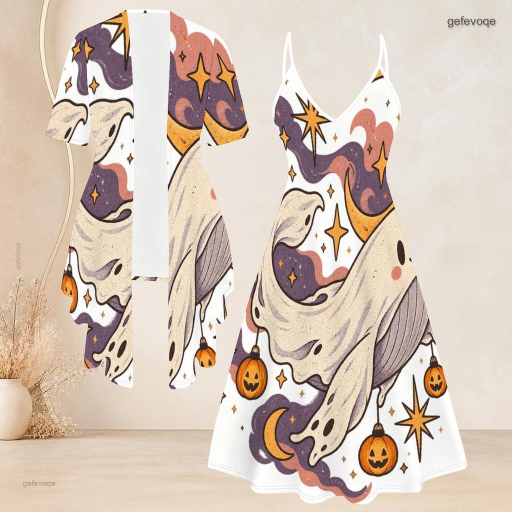 Women Plus Size Two Piece Set White Halloween Ghost Printed Short Sleeve Cardigan V Neck Strappy Flared Dress