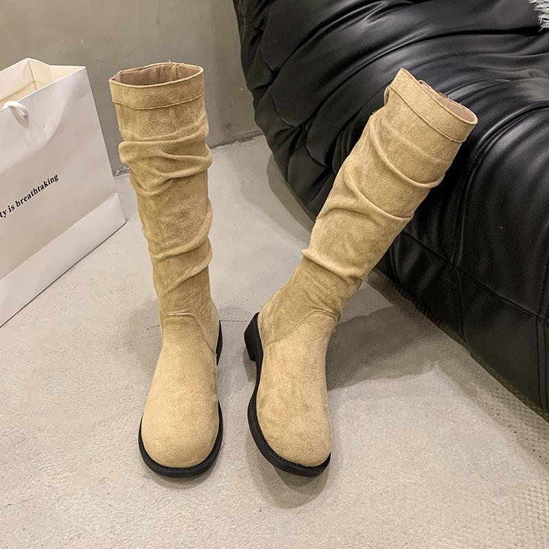 Coarse Heel Khaki Stacking Boots Long Boots Women's Shoes 2025 New Autumn and Winter Thin Tall Knight Boots