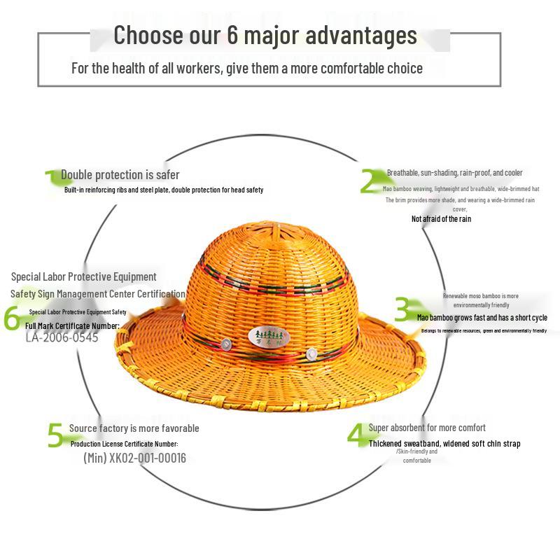 Bamboo Weave Safety Helmet - Large Brim, Breathable Summer Hat for Construction, Factory, Mine, Dock, Railway, and High-Altitude Work