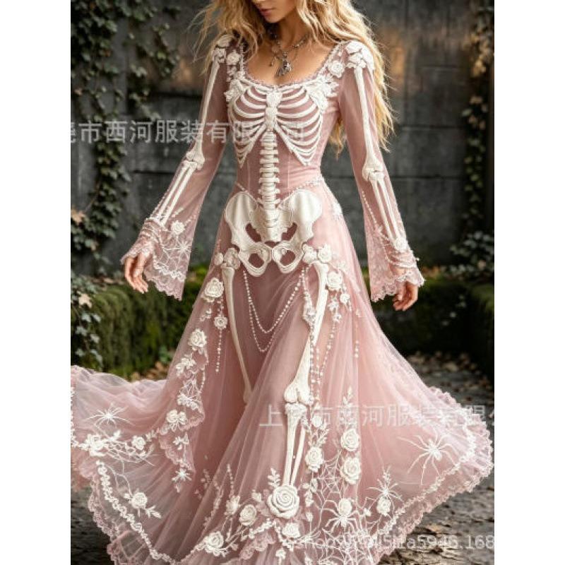 Abito da donna vintage gotico con teschio e rosa, motivo a gradiente, vestito lungo di Halloween con motivo a gradiente