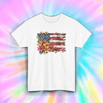 Camiseta Floral Bandera Americana Hibisco Patriótico Aspecto Desgastado S-5XL