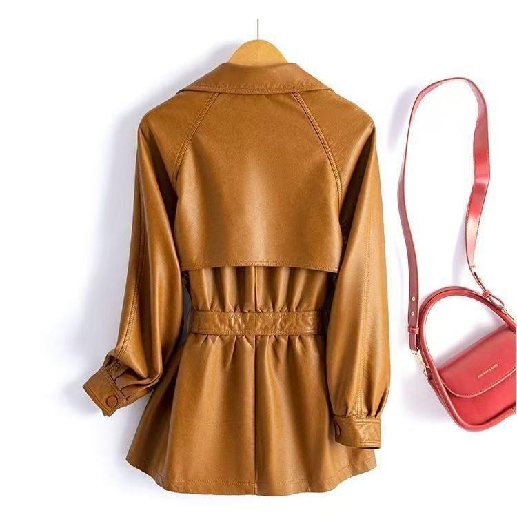 Autumn Women's Leather Jacket Turn-Down Collar Soft PU Leather Coat