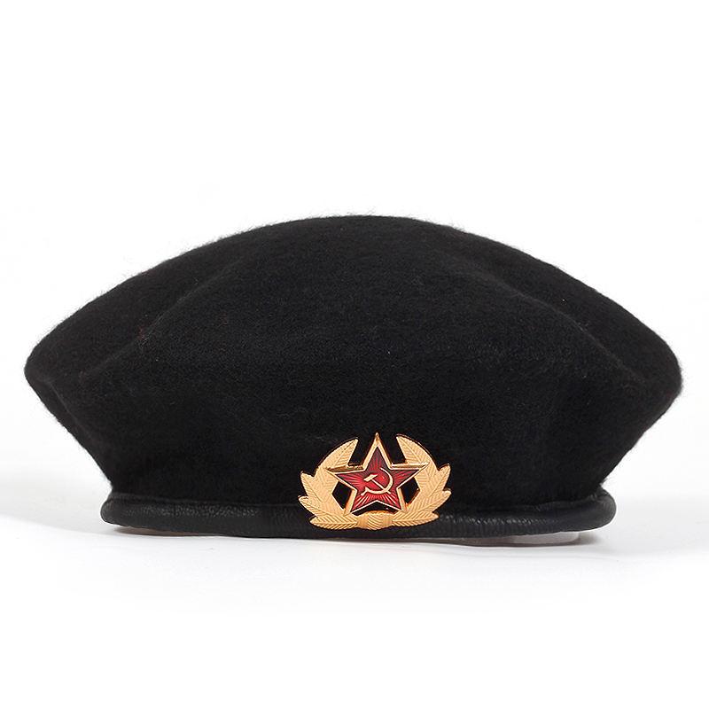 2025 Winter Beret Hat Wool Felt Retro Soviet Navy Style Military Cap for Women Men, Warm Embroidered Badge Dancing Beret