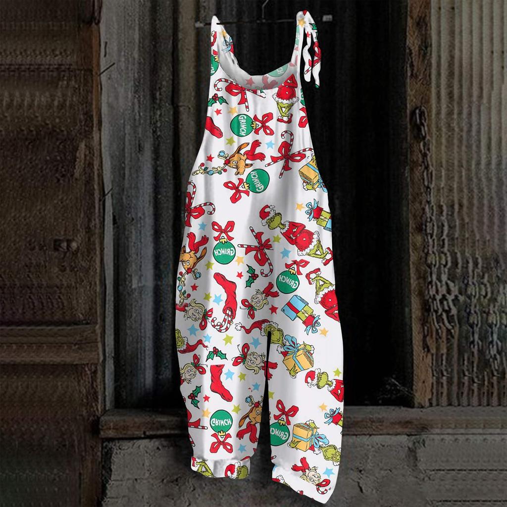 Damski kombinezon z nadrukiem Halloweenowym, casualowy, luźny, vintage, na ramiączkach, bawełniano-lniany