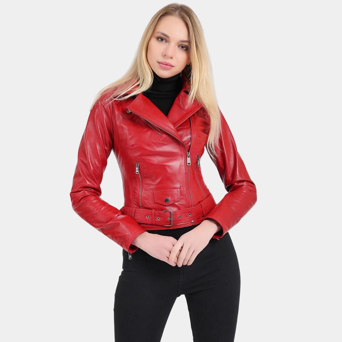 

Женская мотоциклетная куртка с поясом из натуральной кожи S красный