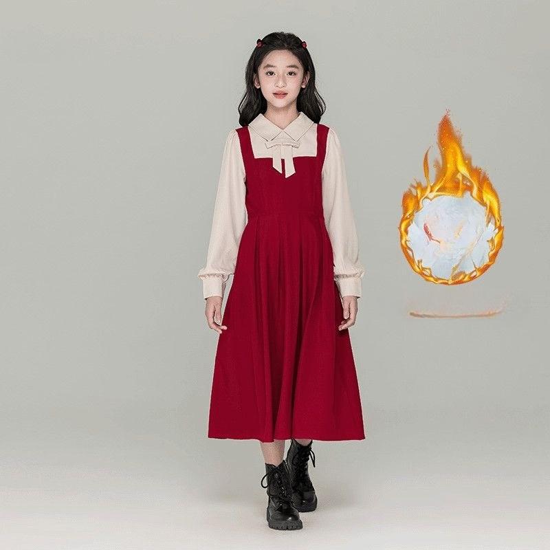 Girls' Color-blocked Faux Two-piece Long-sleeved Dress - Fall/Winter Children's Fashionable Princess Dress