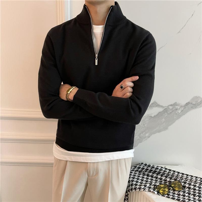 Men Half Zipper Long Sleeve Solid Color Business Fitted Knit Sweater Bottoming Shirt