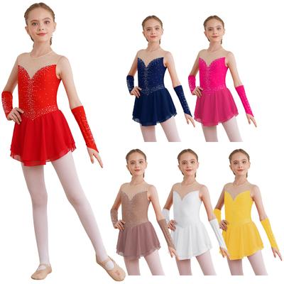 Vestito da pattinaggio artistico su ghiaccio per ragazze, concorso di danza classica, ginnastica, body con strass, abiti con guanti