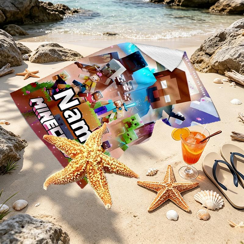 Custom Name Personalized Minecraft Print Beach Towel, for Trip Camping Beach Party Home Decor, Birthday Gift for Family & Friends