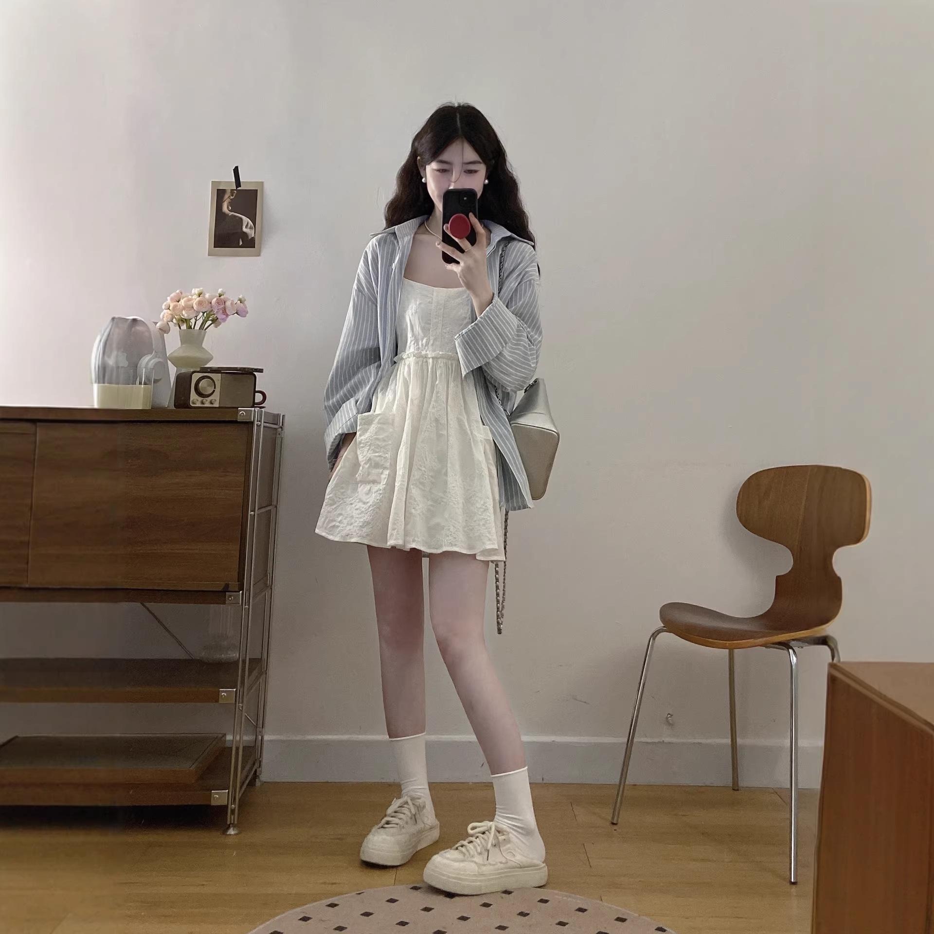 Korean Style 3D Embroidered Camisole Dress & Striped Long-Sleeve Shirt Set XXL