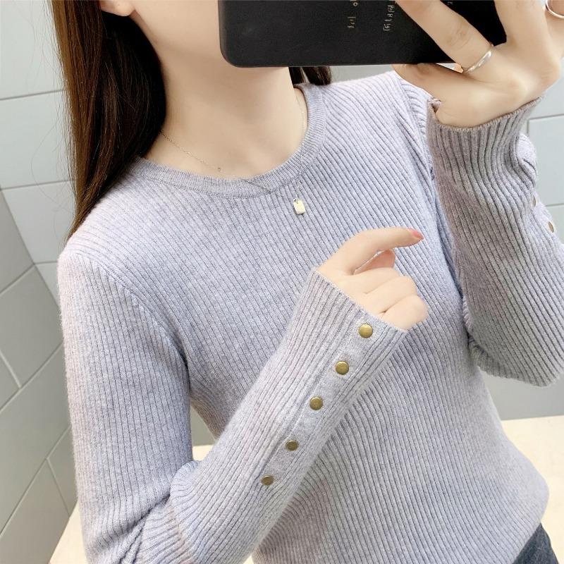 Knitted Bottoming Shirt Women's New Slim-fitting and Thin Solid Color Round Neck Pullover Top