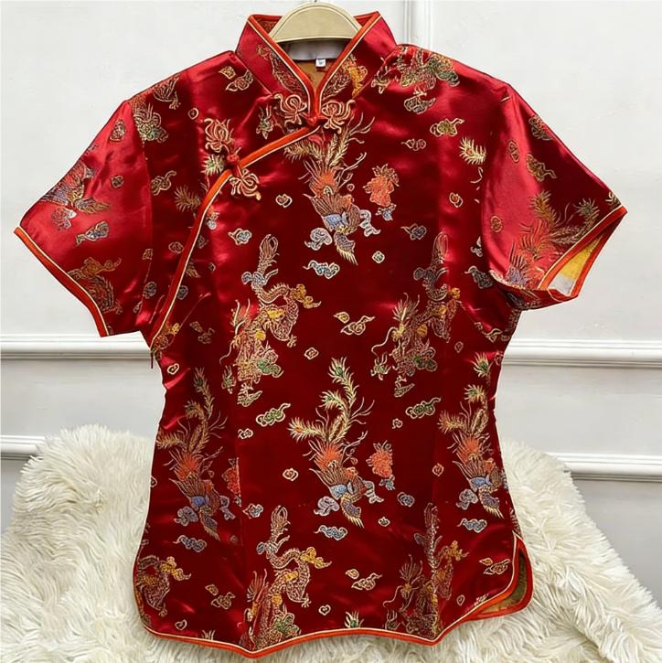 

Jacquard Flower Tang Clothes Women Fashion Qipao Vintage Improved Cheongsams Satin Shirt Tops Button Down Wear Plussize XL червоний
