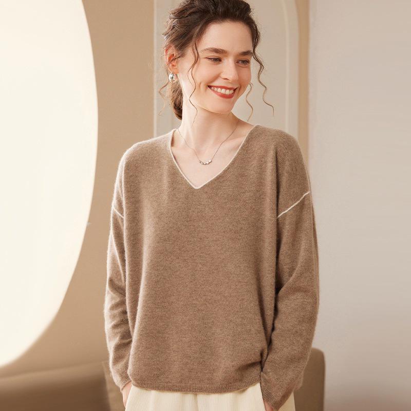 Women's V-Neck Cashmere Knit Pullover - Loose Fit, Long Sleeve, Autumn/Winter Fashion