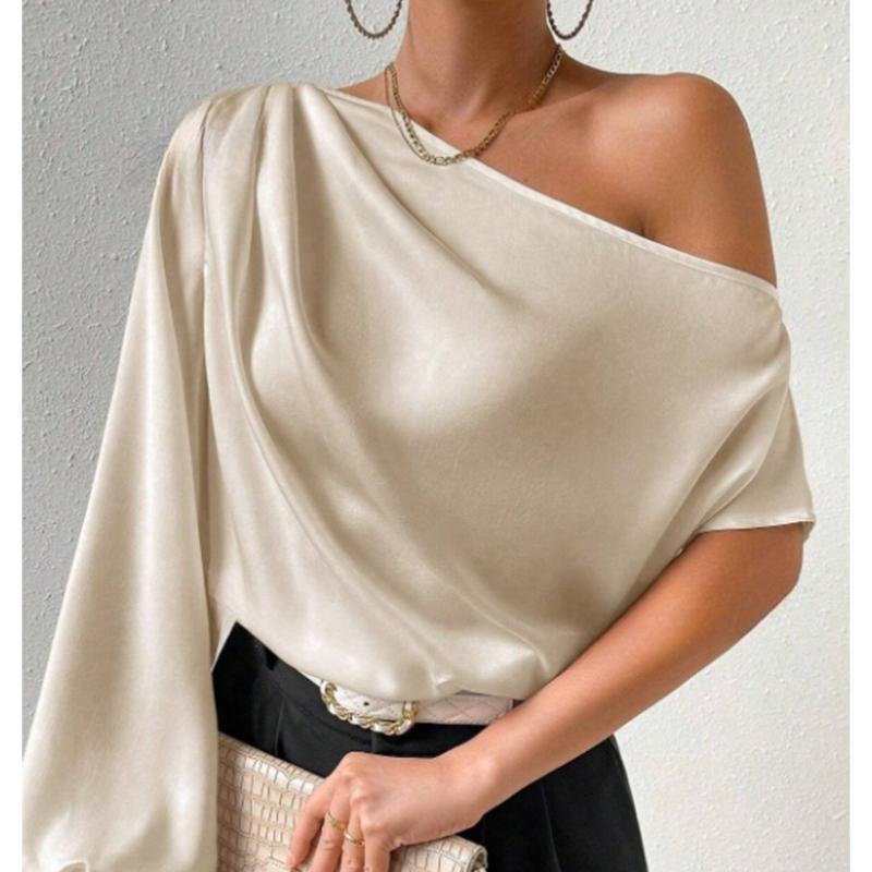 Sexy Elegant Skew Collar Long Sleeve Casual Blouses Women Fashion Off Shoulder Temperament Women's Shirts Tops Solid Simple Slim Fit Lady Blouse 26399