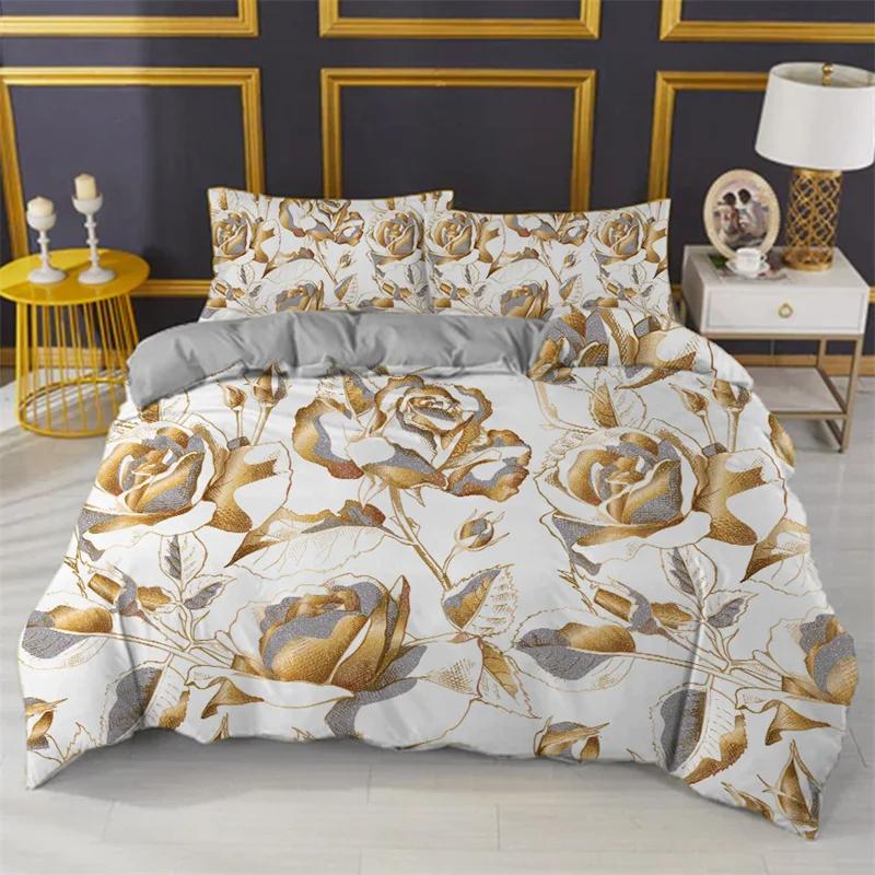 Golden Rose Floral Bedding Set Queen Romantic Style Fairy Girl Heart Duvet Cover Set Microfiber Valentine'S Day Comforter Cover