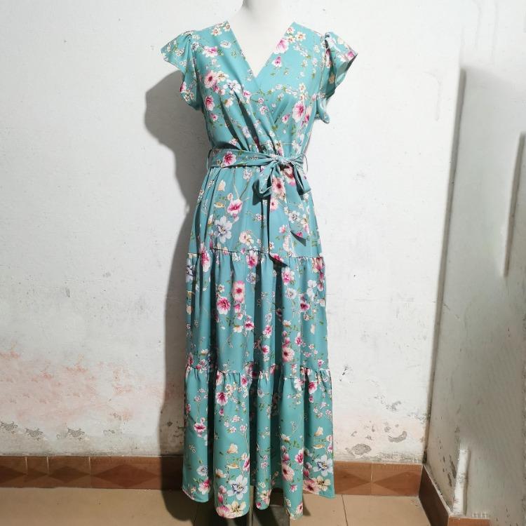 Sleeveless Bohemian High Waist A-Line Dress Floral Print Ankle-Length Women Casual V-neck Beach Vacation Lace Up Summer Dress