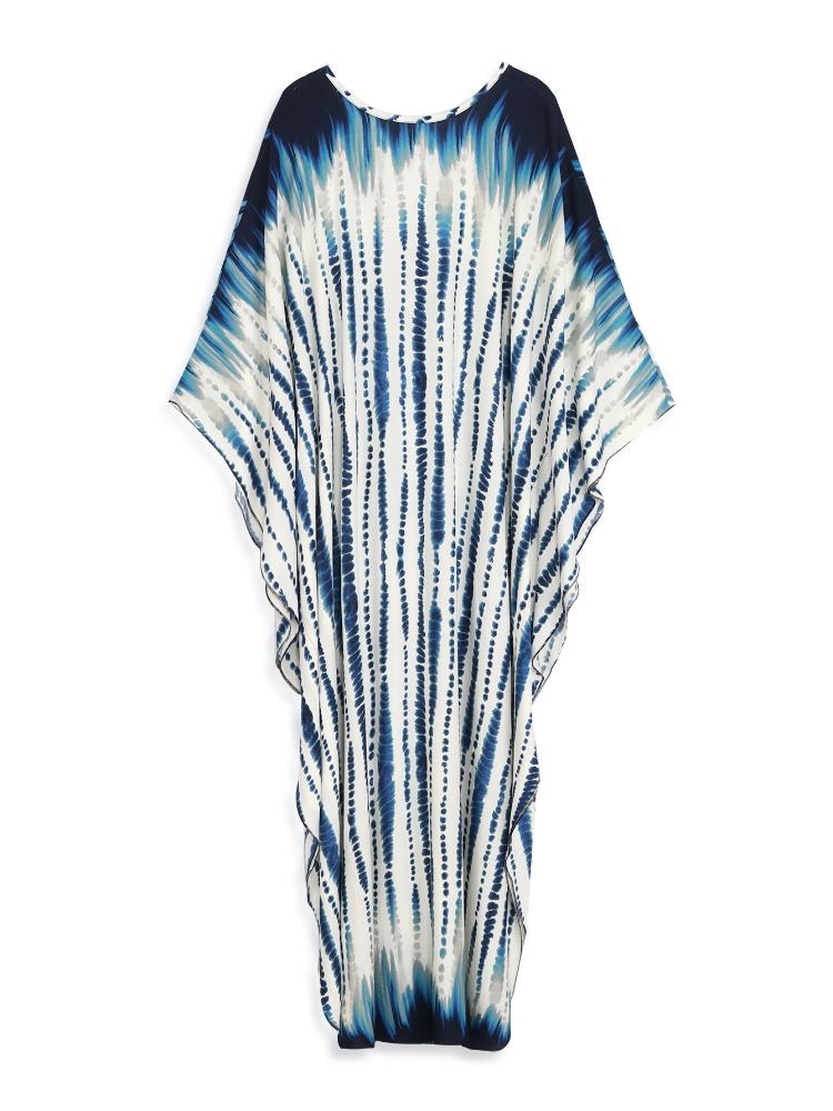 EDOLYNSA Blue Striped Kaftan Bohemian Bat Sleeve Beach Dress Ladies Vacation Bathing Suit Cover Up Summer Wear Homewear Q1523