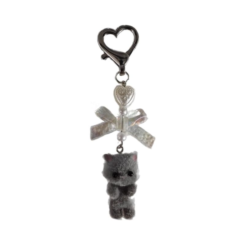 Handmade Bowknot Keychain Bear Cat Pendant Keyring Fashionable Bows Phone Lanyard Ornament Accessory for Keys Bag Purse
