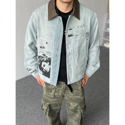 Mens Vintage Washed Cotton Workwear Jacket With Notched Collar Loose Fit Fall Outerwear
