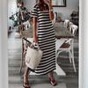 Women's Short-sleeved V-neck Loose Slit Striped Long Dress
