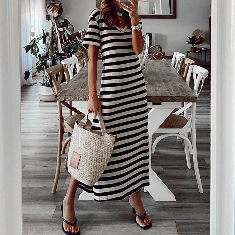Women's Short-sleeved V-neck Loose Slit Striped Long Dress