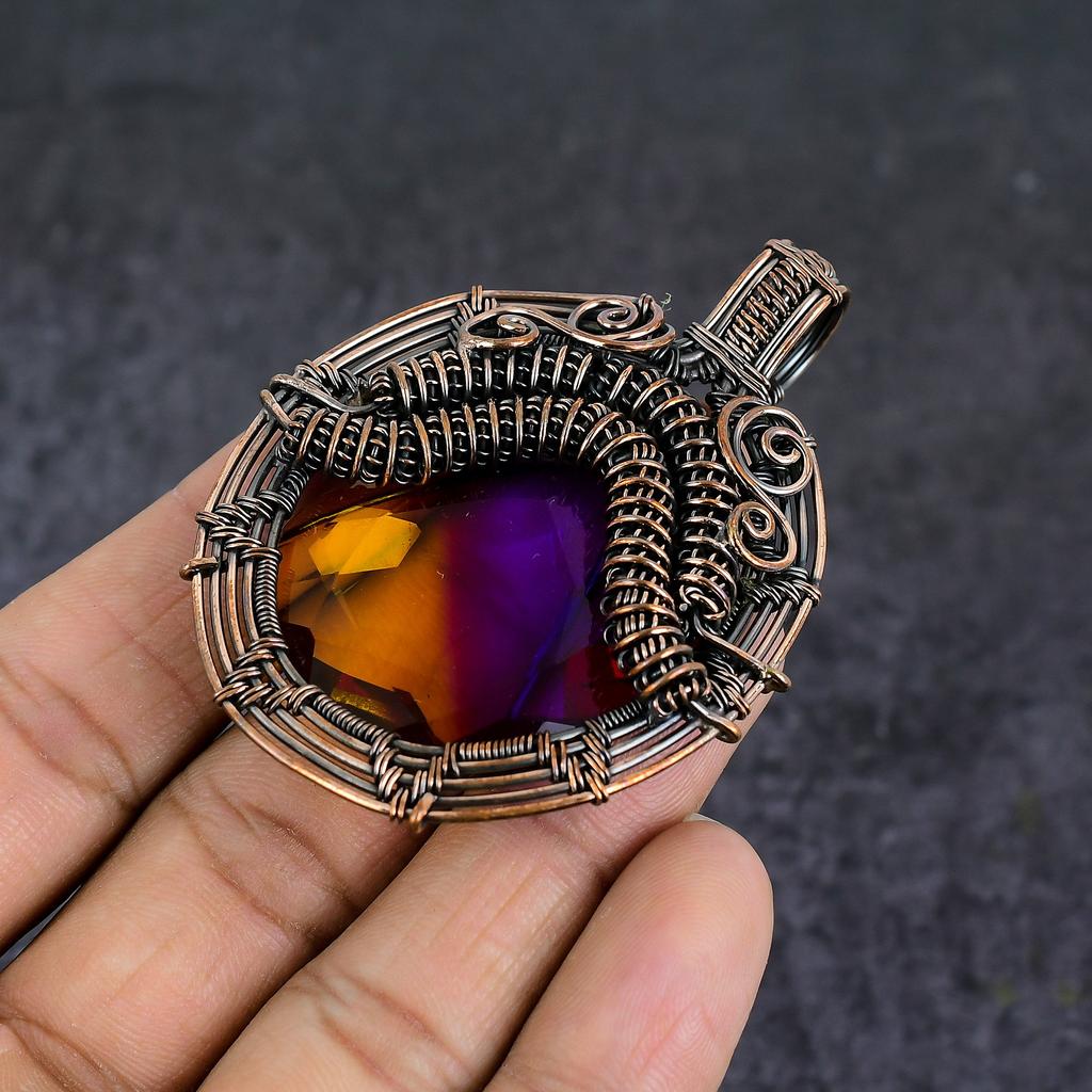 Piatră prețioasă Turmalină Bicoloră Bijuterie Pandantiv Înfășurat în Sârmă de Cupru 2,76" V1I62