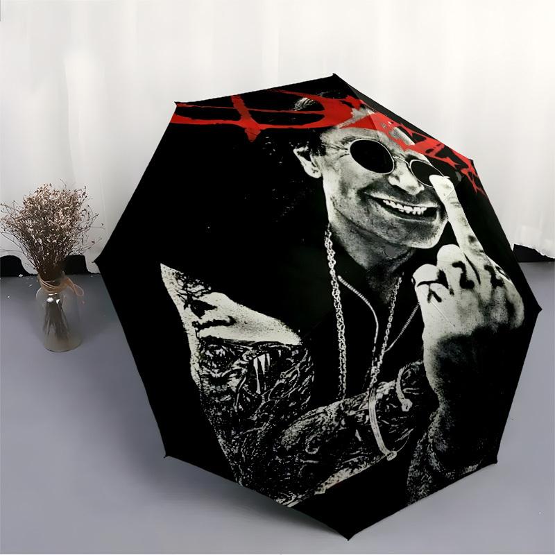 1pc Ozzy Osbourne Automatic Umbrella 8 Rib Portable Folding Black Iron Frame for Outdoor, Beach, Travel, Beach Umbrella 158