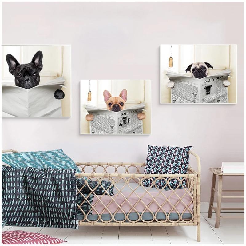 Dog Reading Newspaper Toilet Wall Art Canvas Prints Funny Dog Painting Wall Picture Home Bathroom Decor Dogs Lover Gift