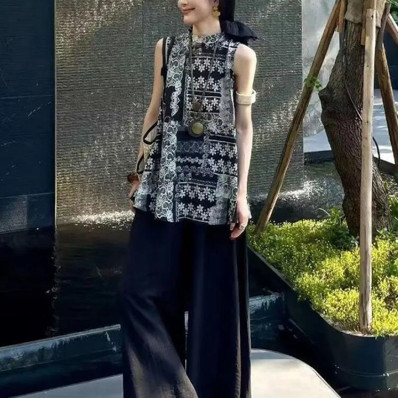 Women Chinese Style Sleeveless Vest Wide Leg Pants Two Piece Set