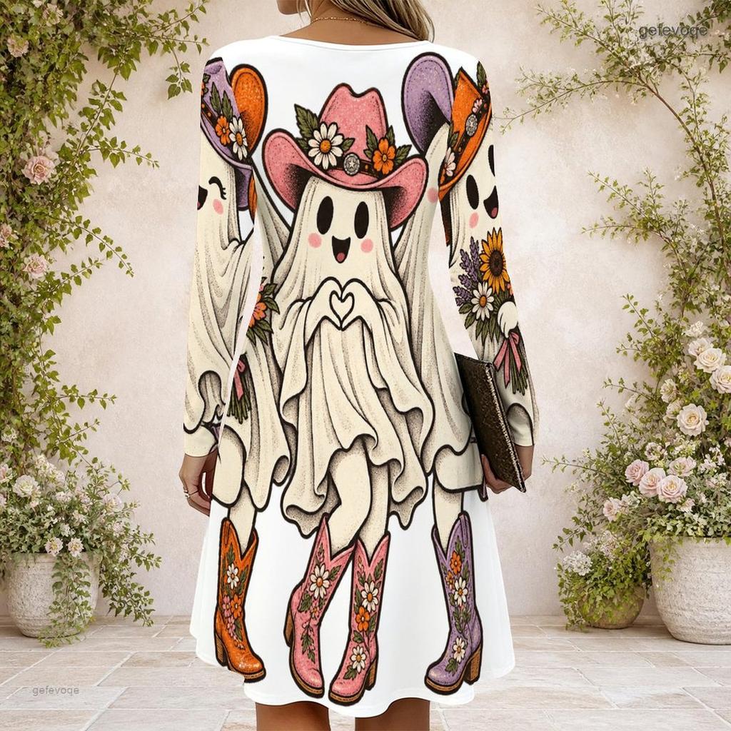 Women Criss Cross V Neck Long Sleeve Fitted Curved Hem Cartoon Bear Pumpkin Printed Dress