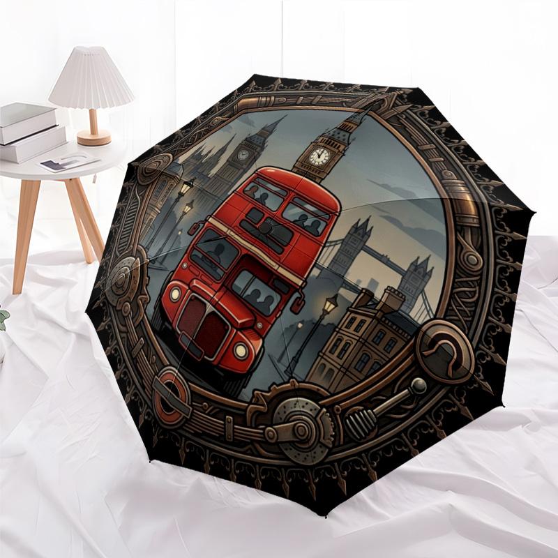 London Bus Steampunk pattern umbrella, portable and foldable design, 8 ribs, a casual accessory for Halloween, Christmas, and birthday gifts.