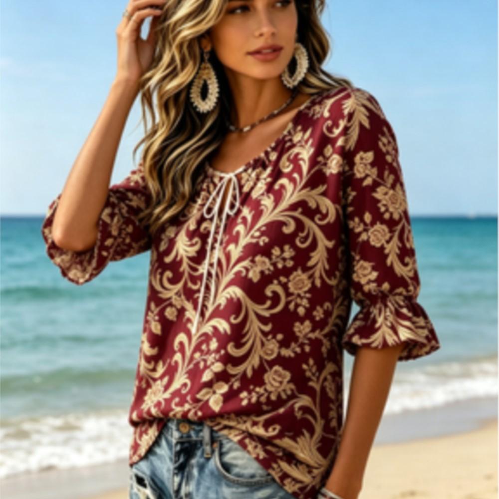 Women's Burgundy Gold Vintage Scroll Floral Print Tie Split Neck Ruffle 3/4 Sleeve Retro Party Blouse