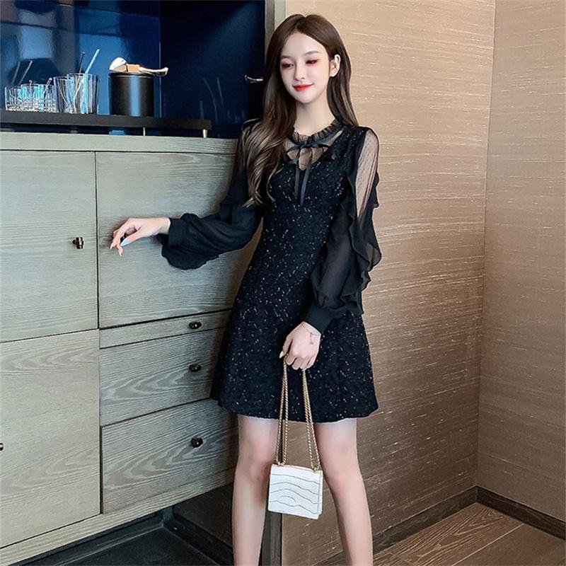 Long Sleeve Dresses Women Black Lace Patchwork Casual Office Ladies Elegant Slim Party Spring Vestidoes Chic Mid-Calf Vintage