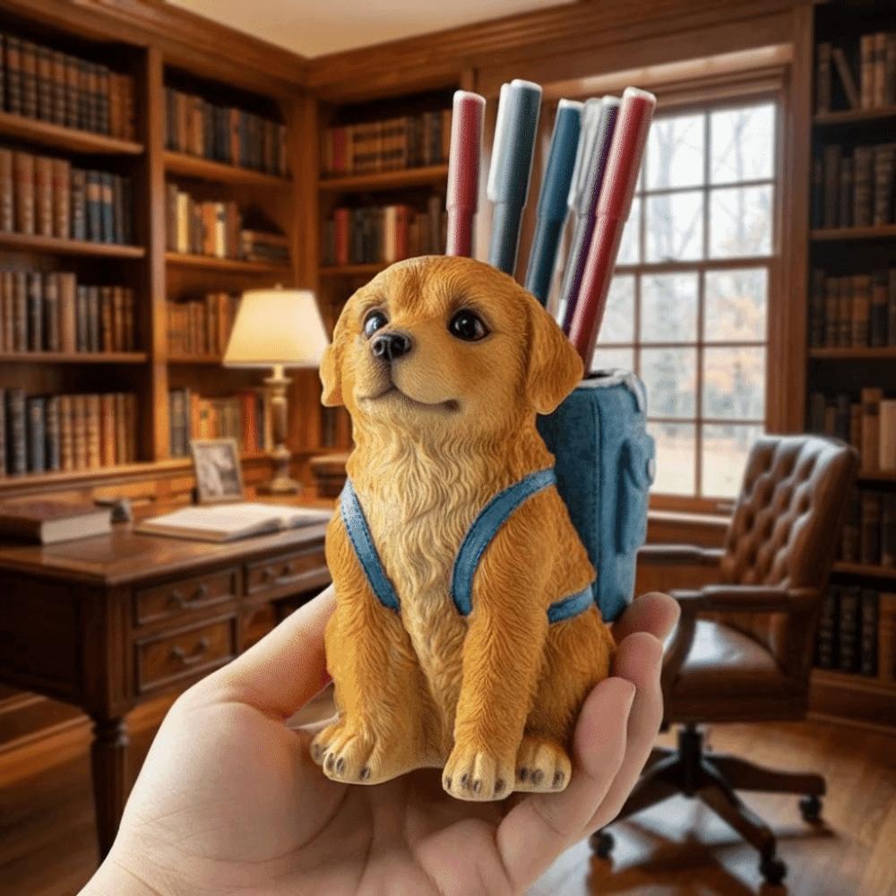 Cute Design Golden Retriever Dog Pen Holder Cartoon Style Creative Sculpture Pen Holder Large Capacity Resin Desktop Organizer