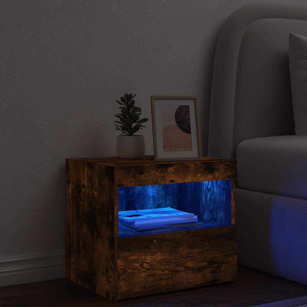 Nightstand with LED Lights Smoked Oak Finish 50 x 40 x 45 cm