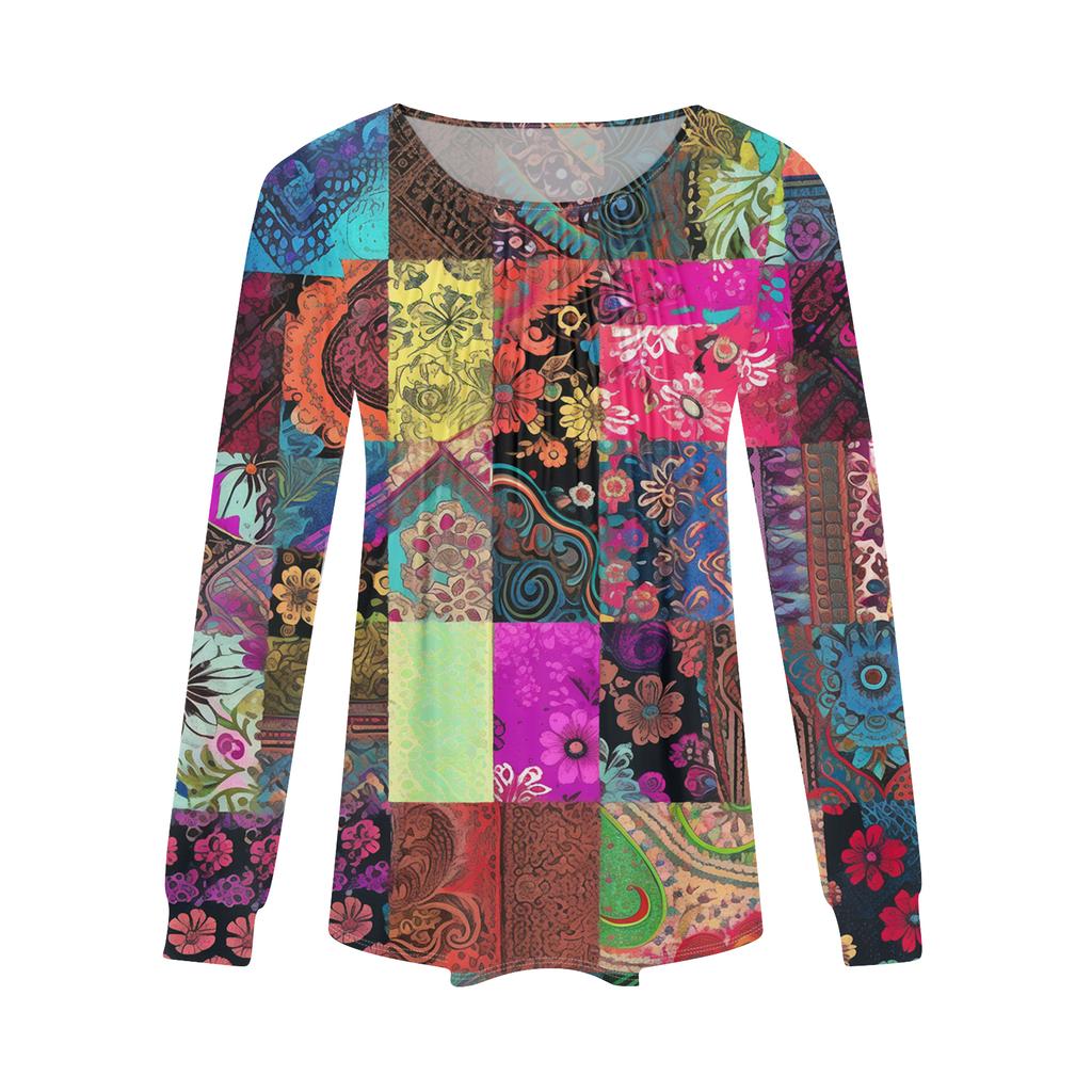 Damenmode Lässig Plissiert Rundhals Vintage Blumendruck Langarm T-Shirt Top