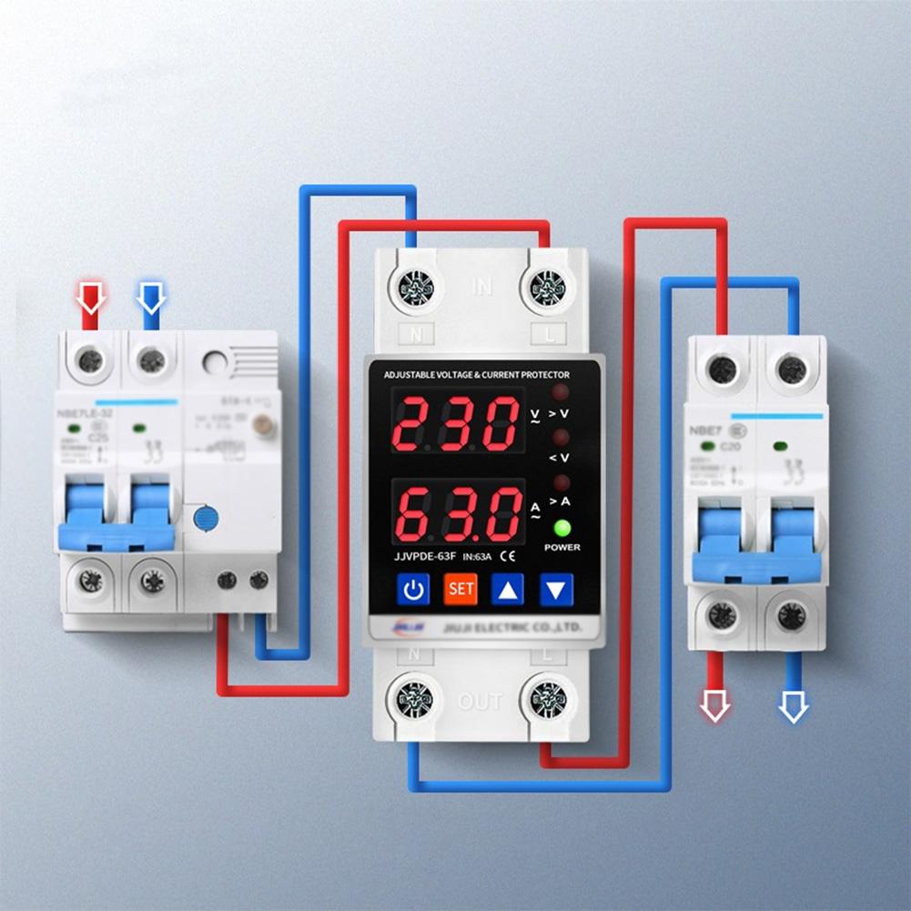 Over Under Voltage Protector Dual Display Intelligent Relay Reset Protector 40A/63A 220V Adjustable for Home Office Appliance