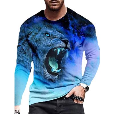 Cross Border Autumn T-shirt Lion 3D Digital Print European and American Men's Personalized Street Style Pullover Long Sleeved Shirt