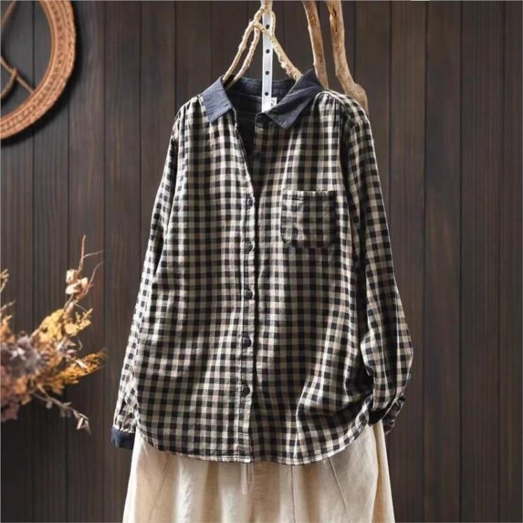 Johnature Vintage Plaid Shirts for Women Long Sleeve Spring Blouses with Turn Down Collar and Button Pockets