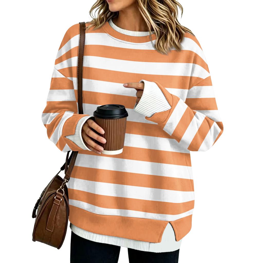 Damen Mode Lässig Gestreift Langarm Sweatshirt Zweiteilig Locker Sitzend Pullover Oberteil