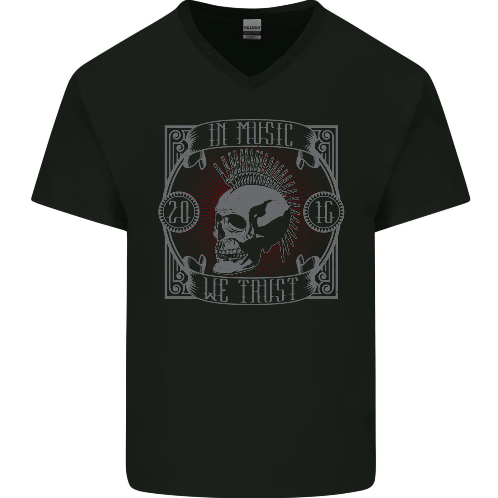 Punk Rock In Music We Trust Skull Mens VNeck Cotton T-shirt XL