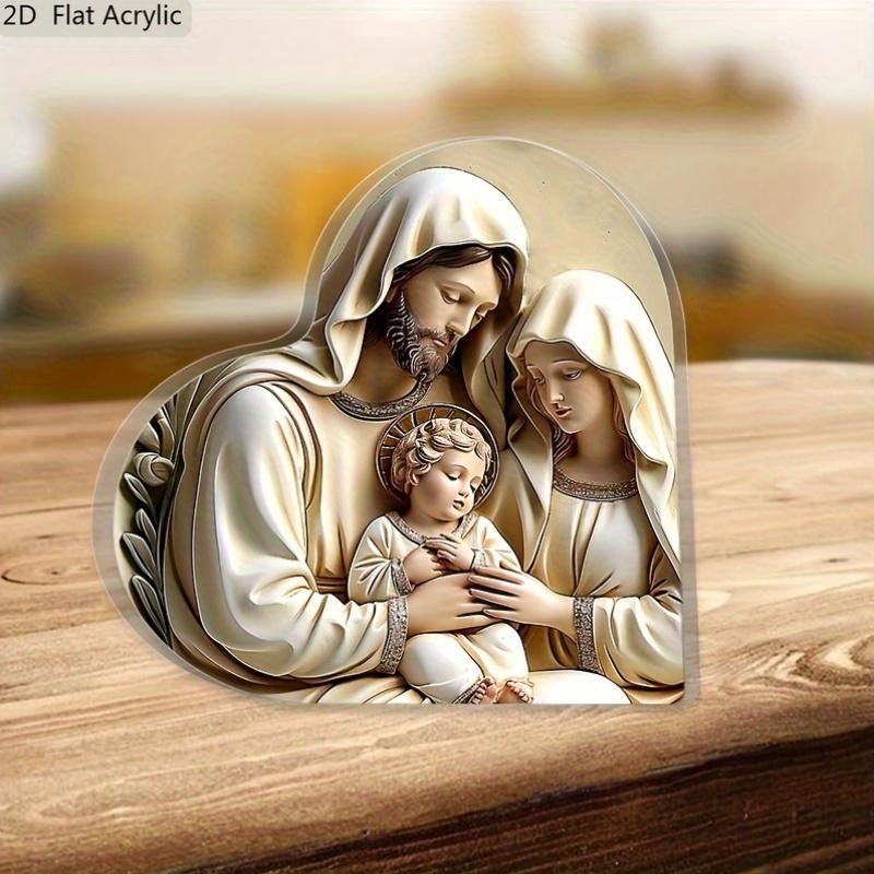 1pc Nativity Scene Acrylic Square Decorative Item - 2D Flat Design with Mary, Joseph & Youngsters, Ideal for Home & Office Desk, Christian Gift 