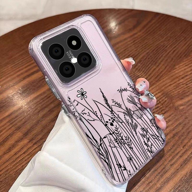 Black Line Floral Pattern Case For Xiaomi Redmi Note 15 Pro 4G Funda Redmi Note 14 13 Pro 5G Clear TPU Silicone Soft Cover