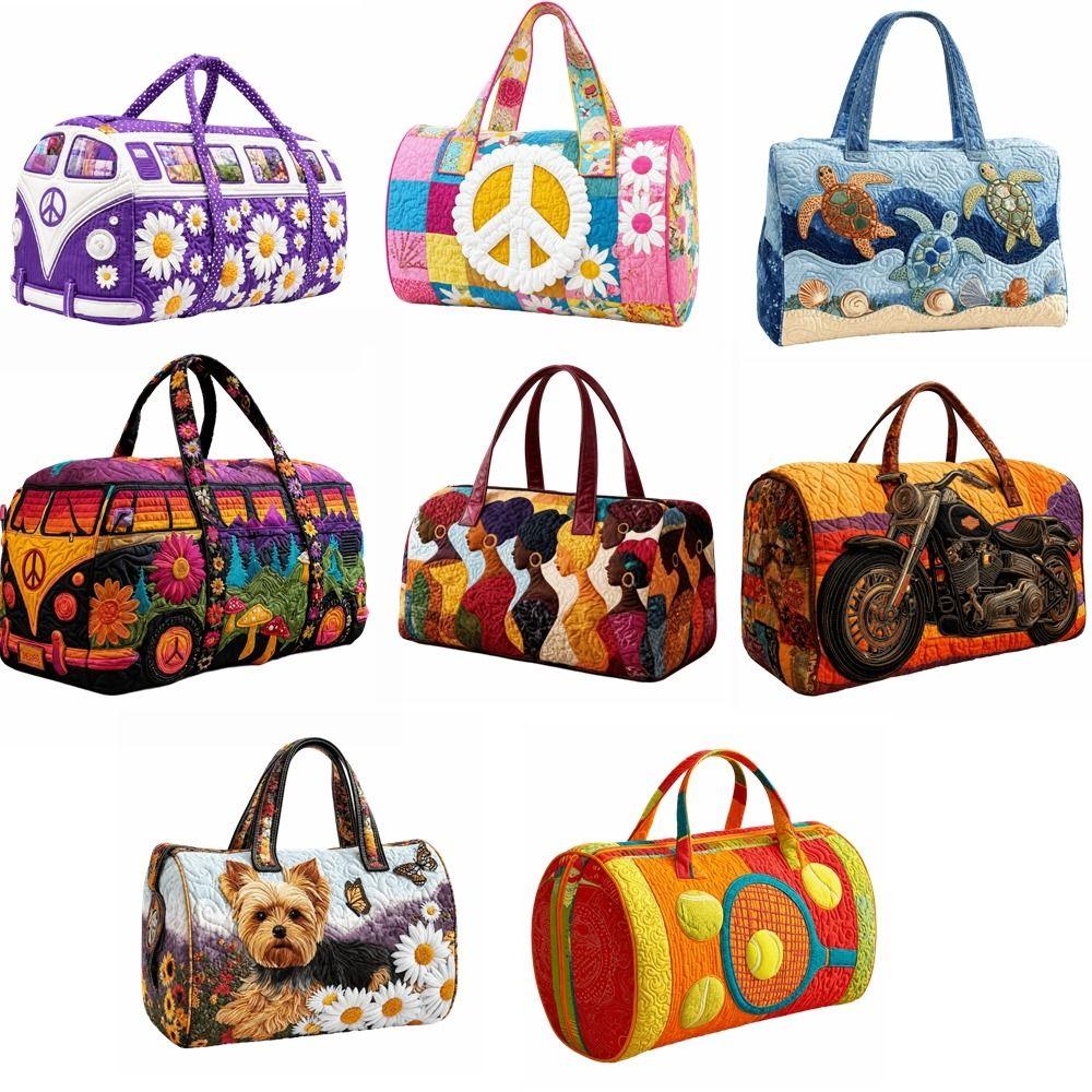 Large Capacity Travel Duffel Bag Printed Carrying Handbag Retro Quilted Duffle Bag Camping