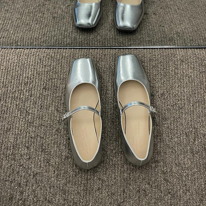 

Silvery Women Square Toe Mary Jane Shoes Casual Outdoor Soft Sole Flat Spring Autumn Wedding Party Shoes 39 серебряный