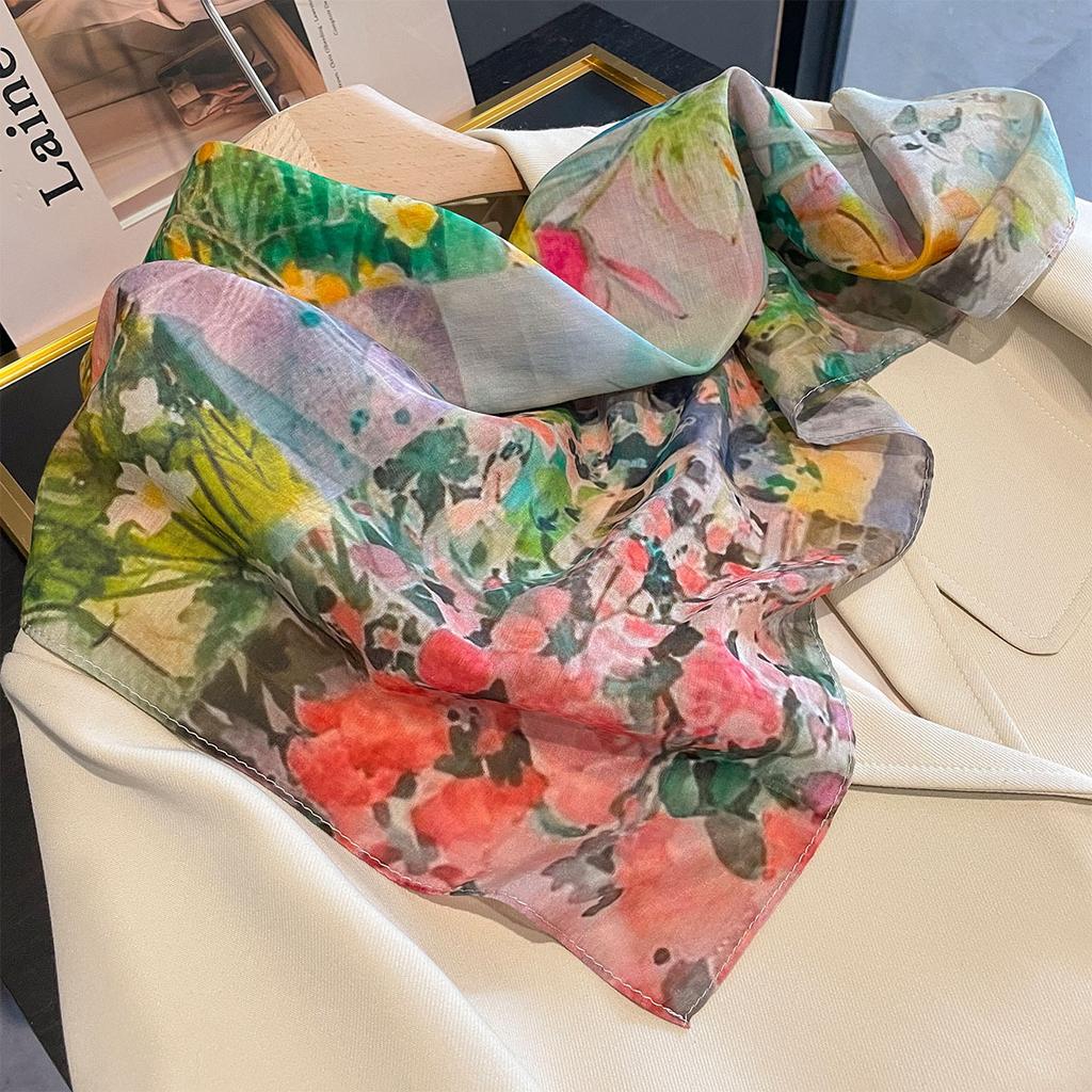 Spring and Summer New Oil Painting Mulberry Silk Small Square Scarf Fashionable Versatile Women's Thin Scarf Silk Scarf Scarf Trendy