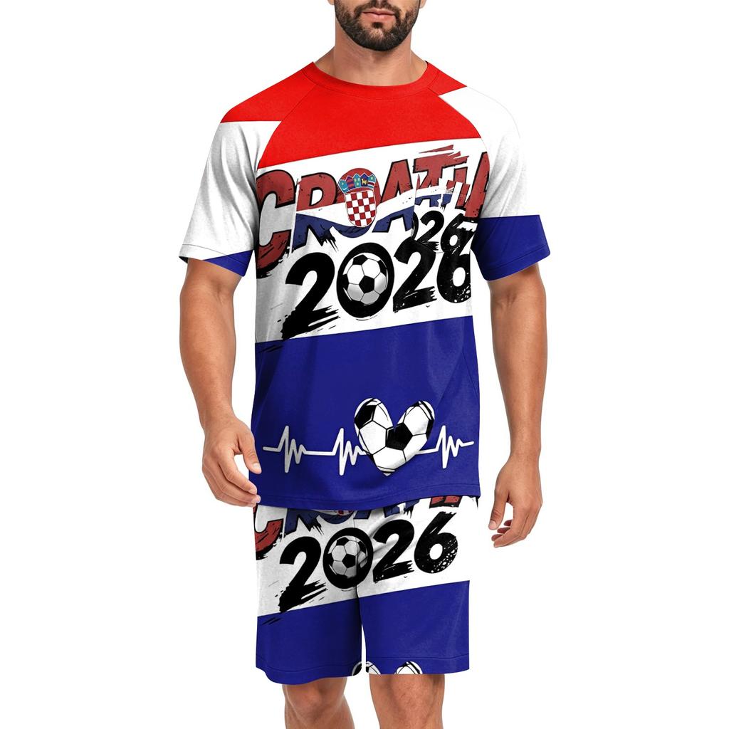 Men's Short Sleeve Top and Shorts Set Lightweight Soft Fabric Casual Sleepwear Printed Sports Style Lounge Pajama Set for Summer