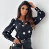 Nowy Damski Top Jesienny w Kropki z Długim Rękawem i Okrągłym Dekoltem - Styl Europejski i Amerykański