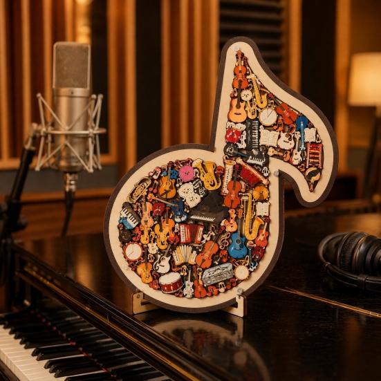 Ornament Puzzle Jigsaw Notă Muzicală Instrument, Puzzle 3D din Lemn Notă Muzicală, Artă de Afișare Instrumente Muzicale, Cadou pentru Pasionații de Muzică